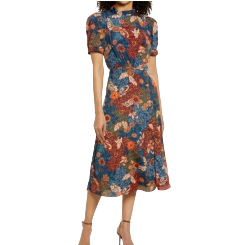 Julia Jordan Floral Puff Sleeve A-Line Midi Dress Size 10